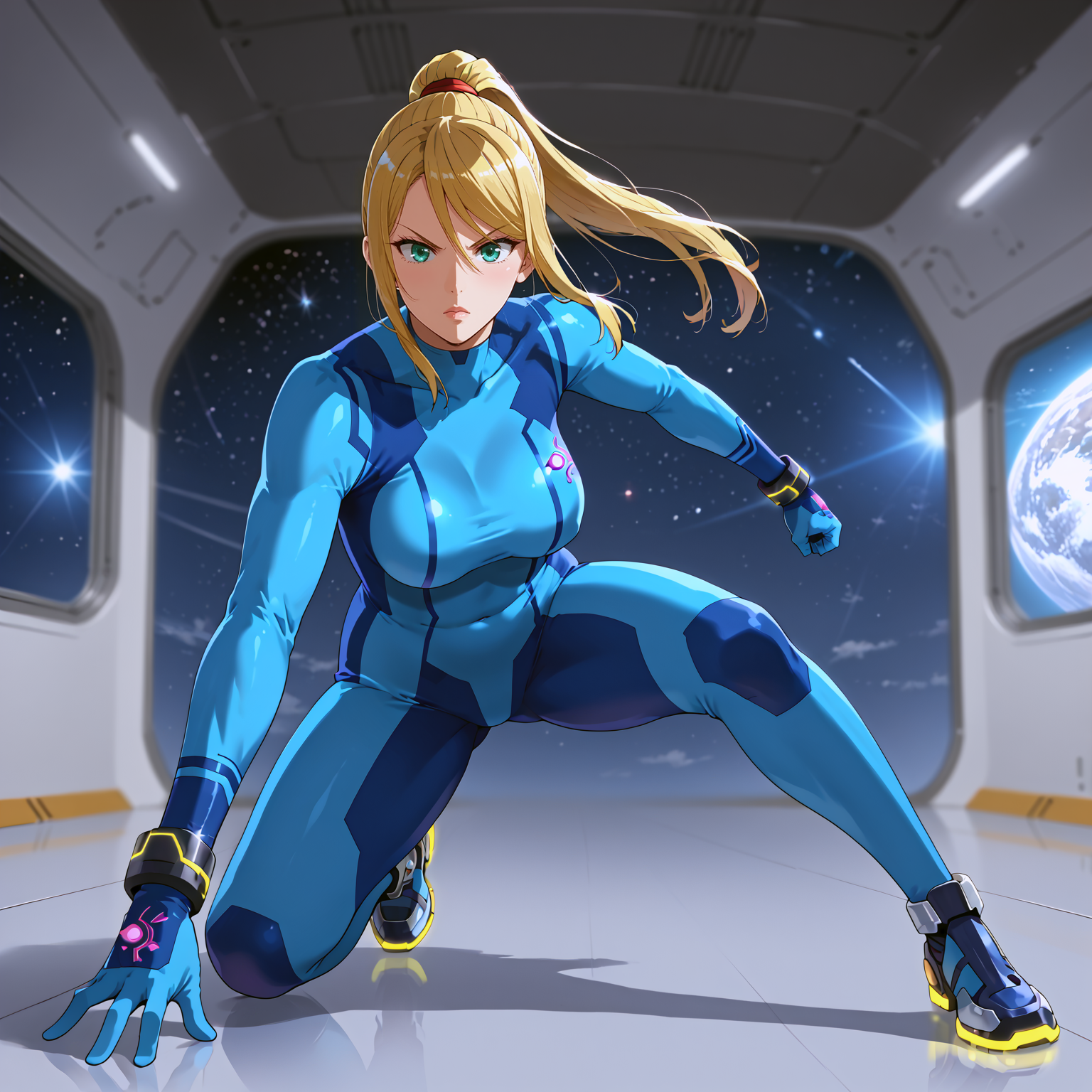 takeda hiromitsu style, source_anime, anime screencap, uncensored, dynamic angle, dynamic view, takeda hiromitsu style, dynamic pose, foreshortening, extreme perspective,
sole female, solo, 1girl, samus aran, blonde hair, swept bangs, long hair, ponytail, mole under left lip, turquoise eyes, zero suite, blue body suit, blue gloves, metal bracelets, sagging breasts, medium breasts, skintight, fully dressed, action pose, dynamic pose, determined, superhero landing, dynamic pose, holding gun, complex background, detailed background, inside giant spacecraft, outer space in window, multiple galaxies in the background, giant view of space, giant window with a view of space, view of planets, view of stars, depth of field, blurry background, volumetric lighting, back lighting, side lighting, 3 point lighting, reflective floor, glossy floor, reflective interior,
<lora:takeda_hiromitsu_style_xl_goofy:1.0>, <lora:DynamicPose_alpha1.0_rank4_noxattn_100steps:3.0>, <lora:Superhero_landing:0.5>