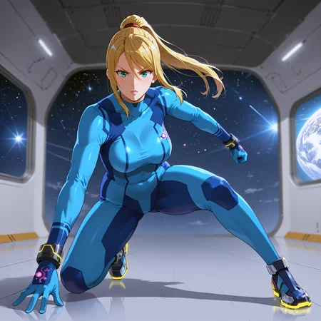 takeda hiromitsu style, source_anime, anime screencap, uncensored, dynamic angle, dynamic view, takeda hiromitsu style, dynamic pose, foreshortening, extreme perspective,
sole female, solo, 1girl, samus aran, blonde hair, swept bangs, long hair, ponytail, mole under left lip, turquoise eyes, zero suite, blue body suit, blue gloves, metal bracelets, sagging breasts, medium breasts, skintight, fully dressed, action pose, dynamic pose, determined, superhero landing, dynamic pose, holding gun, complex background, detailed background, inside giant spacecraft, outer space in window, multiple galaxies in the background, giant view of space, giant window with a view of space, view of planets, view of stars, depth of field, blurry background, volumetric lighting, back lighting, side lighting, 3 point lighting, reflective floor, glossy floor, reflective interior,
<lora:takeda_hiromitsu_style_xl_goofy:1.0>, <lora:DynamicPose_alpha1.0_rank4_noxattn_100steps:3.0>, <lora:Superhero_landing:0.5>