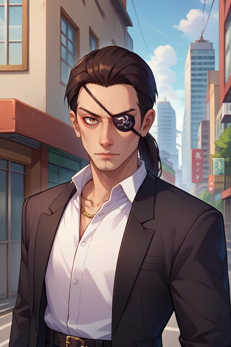 score_9, score_8_up, score_7_up, BREAK, 1boy, solo, <lora:majima-guy-PONYv1:1>, majima, majimaTux, ponytail, eyepatch, white shirt, black jacket, formal, suit, black pants, belt, facial hair, outdoors, city, upper body,
