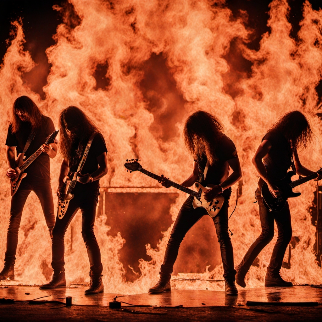 a heavy metal band playing on a stage in an inferno <lora:inferno:1> , all over, black background,