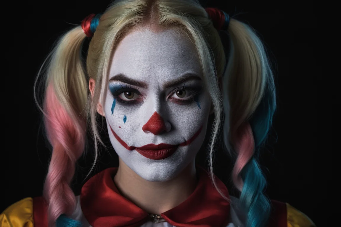 Close-up, (as Harley Quinn, clown makeup), grim smile, relaxed pose, portrait movie shot, serious, menacing, chiaroscuro style photo, dark background, minimalism, dramatic lighting, professional quality, dull highlights and shadows, natural and original
photorealistic, UHD, 32k, photo real, photo realistic, (skin detail), (skin pores),