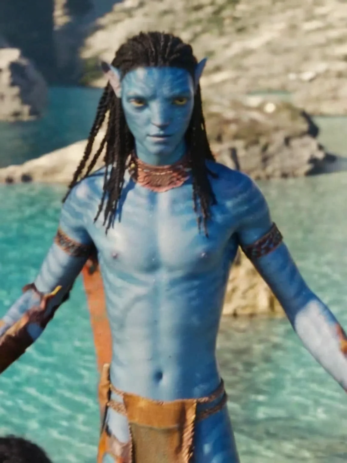 cinematic, neteyam, two people with blue paint on their bodies, solo, long hair, black hair, 1boy, male focus, pointy ears, monster boy, <lora:avatar_pony_v1:0.9>