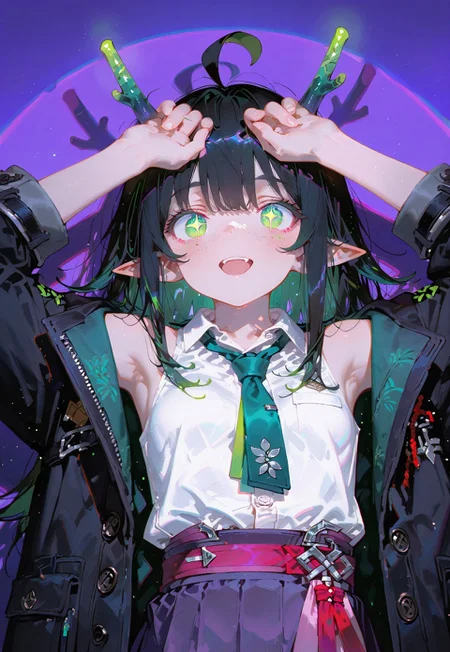 looking at viewer,bust shot,face focus

Excited,hands above heads

1 girl,petite,loose unruly messy hair,messy bangs,black hair,green accents hair,fair skin,dragon horns,green eyes,(sparkling eyes:1.1),freckles,ahoge,pointy ear

Large Black coat with green accent,coat hanging sleeves,white sleeveless buttoned shirt tucked in,green tie, exposed shoulder,dark purple skirt,

Color background, bright purple background,(shadow:1.2), front lighting,glimmer, [scales design], sparkling,(anagylph refraction:1.5),(front spotlight:1.2),(purple hue:0.8),(colors green glowing:1.4)

Cunnystyle,748cmstyle,Smooth_Quality,masterpiece,best quality,amazing quality, aesthetic,(vibrant colors:1.6),(bold lines:1.3),(saturated:1.5),