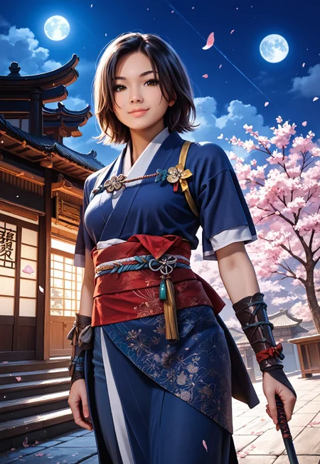 score_9, score_8_up, score_7_up, zPDXL3, Photorealistic, real photo, realistic, dynamic pose, dramatic angle, dramatic light, wide shot,
1girl, Naoe, brown eyes, short black hair, japanese clothes, sash, arm guards, pants, sexy, slim body, athletic body, ((medium breasts)), ((oriental ornament:1.4)), looking at viewer, eager, flirty eyes, adorable girl, perfect face,
confident look, naughty look, (lusty grin), night time, raining outside, detailed background: sakura tree, night time, at night, feudal japan, darkness, moon, village, vista, holding sword, cherry blossoms)