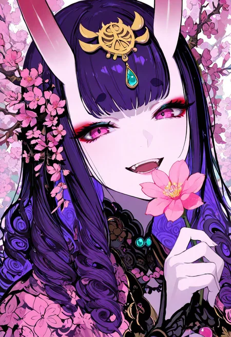 masterpiece, best quality, good quality, very awa, newest, highres, absurdres, shuten douji \(fate\), 1girl, solo, looking at viewer, smile, open mouth, curly hair, holding, pink eyes, purple hair, flower, horns, teeth, makeup, hime cut, portrait, gem, pink flower, close-up, eyeshadow, oni, short eyebrows, holding flower, headpiece, eyeliner, skin-covered horns, limited palette,