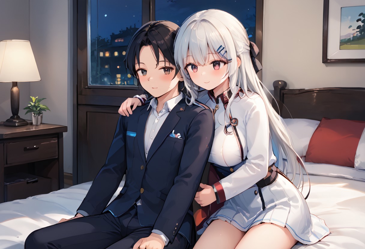 source_anime, ultra HD, best quality, BREAK 1girl, BREAK 1 boy, he undressing her wife clothes,open clothes,bedroom,most beautiful girl on village, white long hair girl,sidetail hair,black ribbon hairtie,wife hugging husband,husband stimulate his wife,girl half awake eye,1 night not enough she want another round,their first night ,encourage her it only hurt a little ,she agree then ready to do it 👉👌,💦💦👉👌💦💦🫶💑