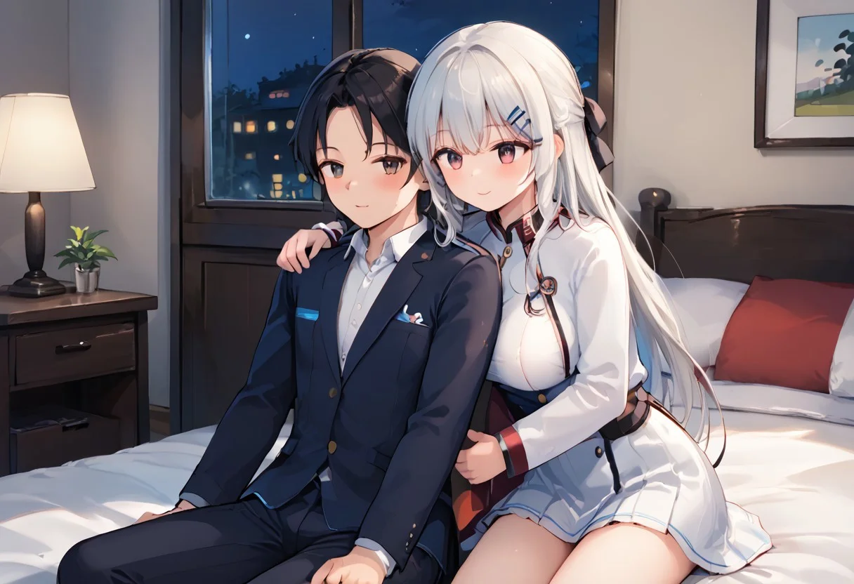 source_anime, ultra HD, best quality, BREAK 1girl, BREAK 1 boy, he undressing her wife clothes,open clothes,bedroom,most beautiful girl on village, white long hair girl,sidetail hair,black ribbon hairtie,wife hugging husband,husband stimulate his wife,girl half awake eye,1 night not enough she want another round,their first night ,encourage her it only hurt a little ,she agree then ready to do it ππ,π¦π¦πππ¦π¦π«Άπ