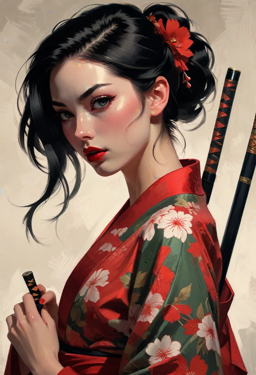 Chiaroscuro Lighting, minimalist illustration, one woman, wearing a red floral kimono, holding a katana, perfect curves, suggestive pose, romantic, solo, detailed eyes, looking at viewer, beautiful, charming woman, charmful looking, captivating, minimalist, detailed, painterly , style of malcolm liepke <lora:sdxl_lightning_8step_lora:1> <lora:sinfully_stylish_SDKL:0.35> <lora:sss:1> <lora:- SDXL - vant_blk_contrast_V2.0:0.25>