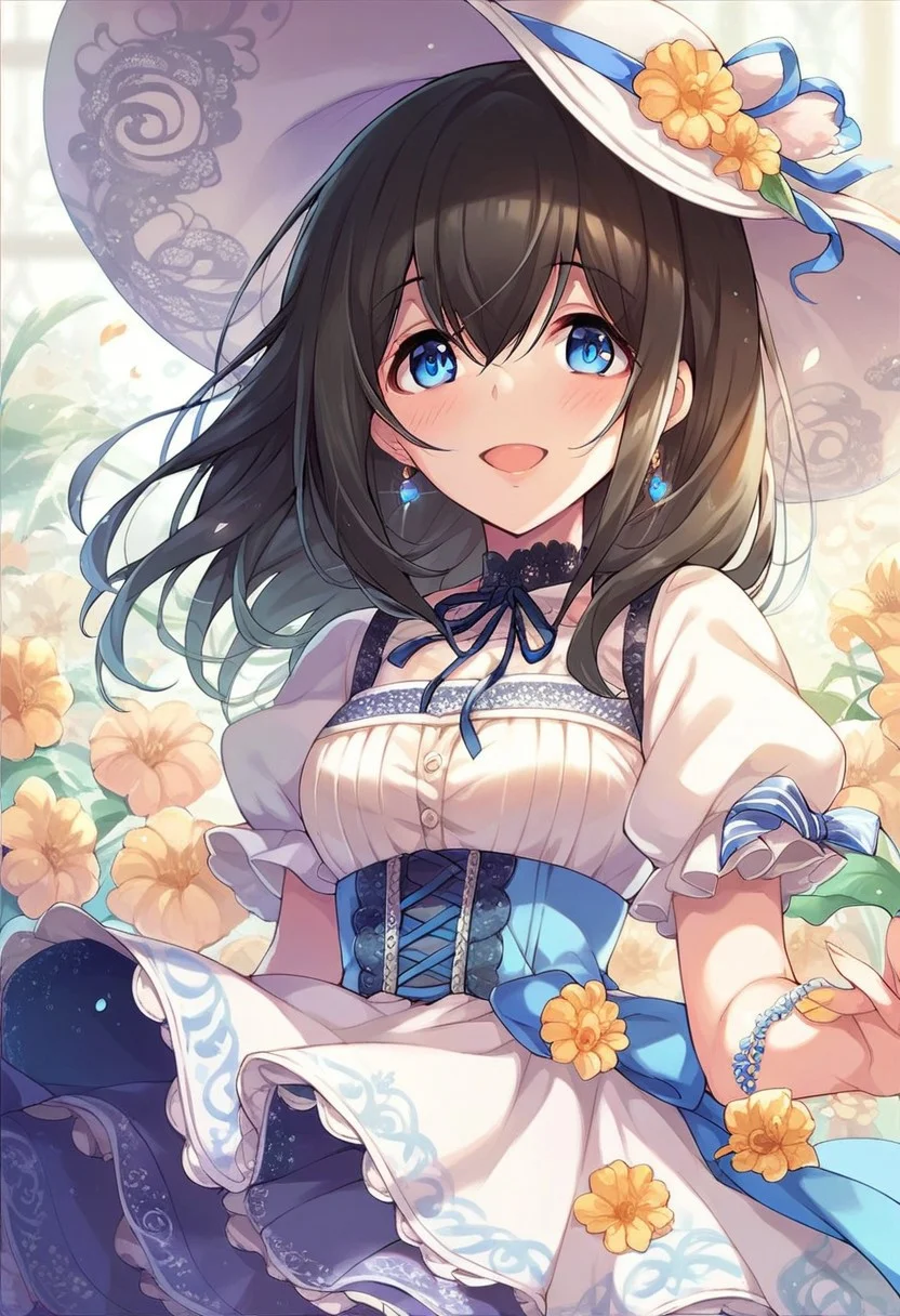 score_9, score_8_up, score_7_up, score_6_up, score_5_up, score_4_up,sagisawa fumika, black hair, blue eyes, 1girl, solo, dress, hat, smile, earrings, flower, jewelry, ribbon, blush, open mouth