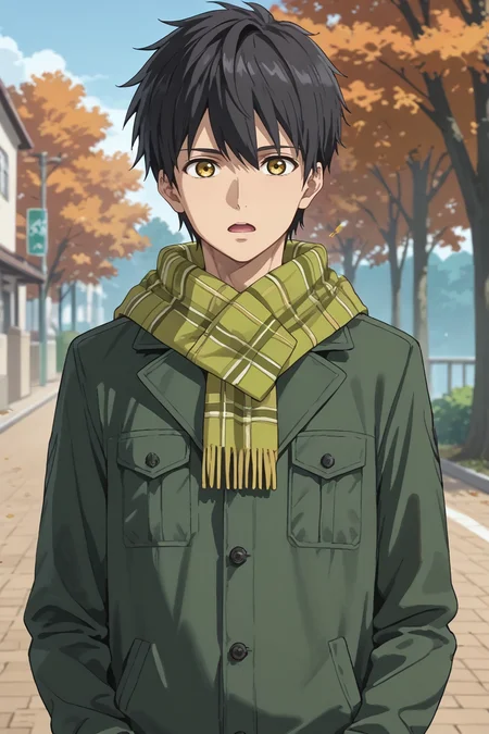 score_9, score_8_up, score_7_up,score_6_up,score_5_up,score_4_up,source_anime,BREAK, rating_safe, intricate details , , , anime screencap, anime coloring, official style, depth of field,1boy, solo, male focus , , , <lora:kuro_sakuragawa:0.84>,kuro sakuragawa,black hair,yellow eyes,short hair,bangs,open mouth, skirt, long sleeves,standing,green jacket, outdoors, sky,upper body,day, hood,scarf line, tree, pocket,hand in pocket,autumn, branch, green scarf
, , , <lora:sdxl_lightning_8step_lora_315544:1>