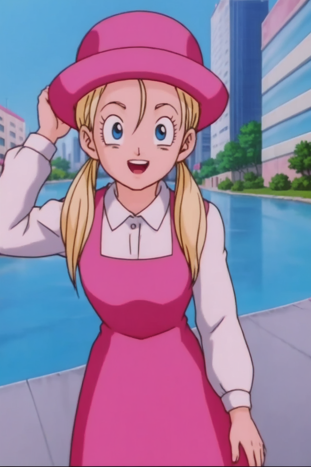 source_anime, score_9, score_8_up, score_7_up, anime screencap,8k, absurd res, 
marron, blue eyes, blonde hair, twintails,
pink hat, collared shirt, white shirt, pink dress,
cityscape, bridge, river, dutch angle, cowboy shot, 
looking at viewer, raised eyebrows, happy, teeth, (hand on headwear),  from above, 
 <lora:marron_pony_v1:0.8>