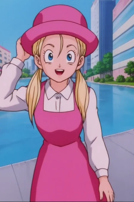 source_anime, score_9, score_8_up, score_7_up, anime screencap,8k, absurd res, 
marron, blue eyes, blonde hair, twintails,
pink hat, collared shirt, white shirt, pink dress,
cityscape, bridge, river, dutch angle, cowboy shot, 
looking at viewer, raised eyebrows, happy, teeth, (hand on headwear),  from above, 
 <lora:marron_pony_v1:0.8>