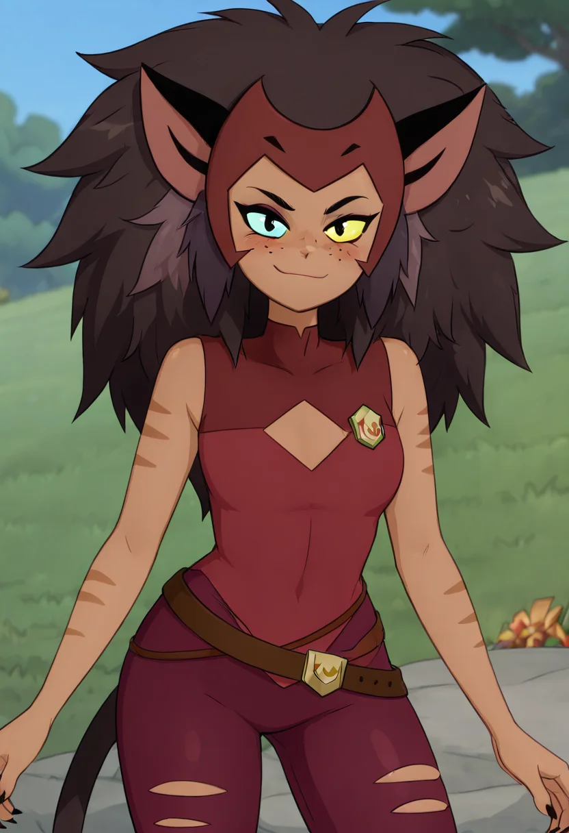 masterpiece, best quality, solo, curvy, beautiful eyes, zzCatra, green eyes, yellow eyes, multicolored hair, cat girl, furry, big hair, brown hair, long hair, animal ears, cat ears, heterochromia, colored sclera, yellow sclera, dark skin, freckles, blue eyes, sleeveless, belt, torn clothes, tail, black hair, pants, , <lora:CatraShera_IXL:1.0>, , smile, looking at viewer, cowboy shot, leaning forward, smug, <<lora:MantisIXL_v2:0.8>,