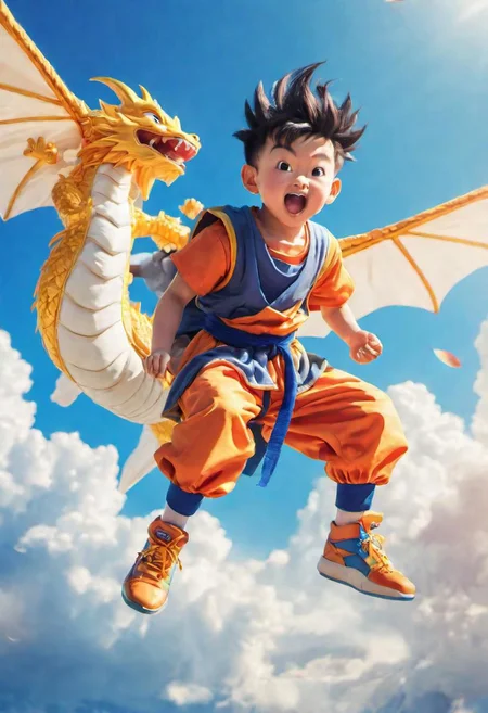 a clouse-up masterpiece illustration of a boy playing dragon ball series riding a flying nimbus, blue sky, sunlight, bloom, bokeh,