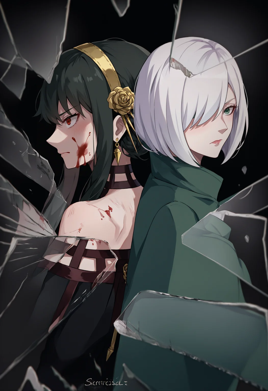 score_9, score_8_up, score_7_up, source_anime, 2girls, back-to-back, from side, <lora:BackToBack_XLPD:0.55>, <lora:BreakingGlassXLPDCAME:0.45> IncrsXLBrknGls, broken glass, reflection, upper body, dark, serious, black background, shatter,
BREAK yor briar, black dress, black hair, blood on face,
BREAK fiona frost, spy x family, white hair, short hair, hair over one eye, coat