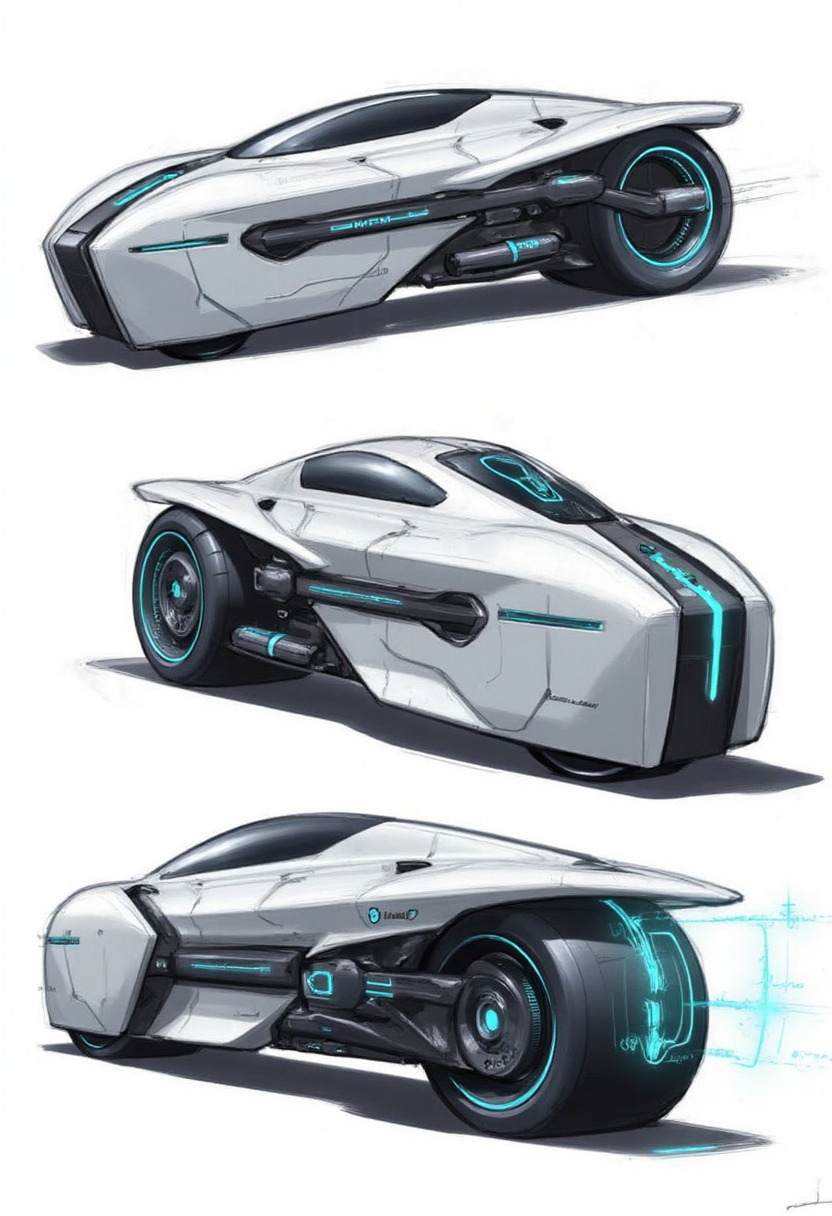 Sketch of, A sleek, futuristic motorcycle gleams with aerodynamic design. Its slender, silver body curves elegantly, with glowing blue accents tracing the frame. Retractable handlebars and a minimalist dashboard enhance the streamlined appearance. The bike's hub-less wheels, adorned with glowing rims, seem to float, evoking weightlessness. Neon-lit, pulsing lines along the spine illuminate the vehicle's advanced technology, hinting at incredible speed and agility.