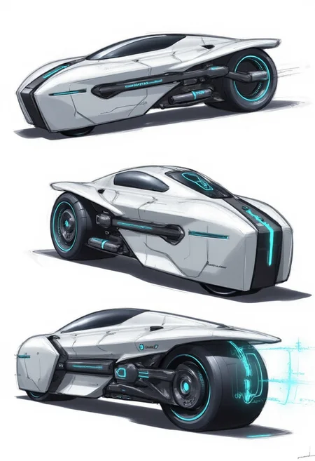 Sketch of, A sleek, futuristic motorcycle gleams with aerodynamic design. Its slender, silver body curves elegantly, with glowing blue accents tracing the frame. Retractable handlebars and a minimalist dashboard enhance the streamlined appearance. The bike's hub-less wheels, adorned with glowing rims, seem to float, evoking weightlessness. Neon-lit, pulsing lines along the spine illuminate the vehicle's advanced technology, hinting at incredible speed and agility.