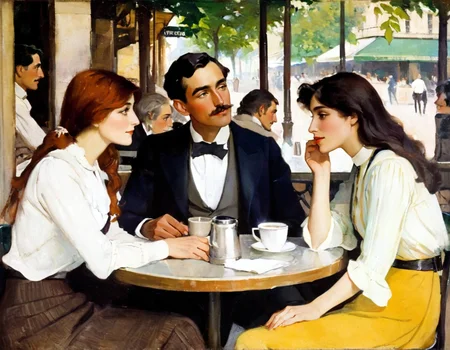 painting by Schoonover of friends, young woman enjoying a conversation with her parents in an outdoor cafe in Paris in the afternoon of the summer of 1911 texture, top down,  <lora:FSchoonover-000003:1>