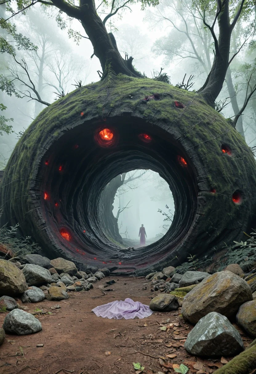 Realistic photograph presents (a panicking victorian woman:1.3) wearing (a see-through nightie:1.3) and wandering in fear inside an eerie extraterrestrial forest. She meets a mystical monument in woods gaping.
BREAK source_realistic, source_photograph, content_realistic. tree. outdoors. bare tree. monster. glowing. (violet-gold vein detailing:1.1). rock. eldritch abomination. dense white fog. In background, a large (sharp-edged pentagonal prismatic structure:1.1) made up of (cracked shiny metal:1.2) reflecting a dimmed light, (dominates backdrop:0.7) as (an aged appearance reminiscent of ancient ruins:0.7). (A gaping hole:0.8). eerie violet lights inside hollow interior. smaller rocks scattered across the ground around. leafless twisted branches. dying woods. stark silhouettes. mystery and intrigue. (hauntingly beautiful yet unsettling settings.:1.1)
<lora:sphere_roots_fog-000040:0.45:0.22>