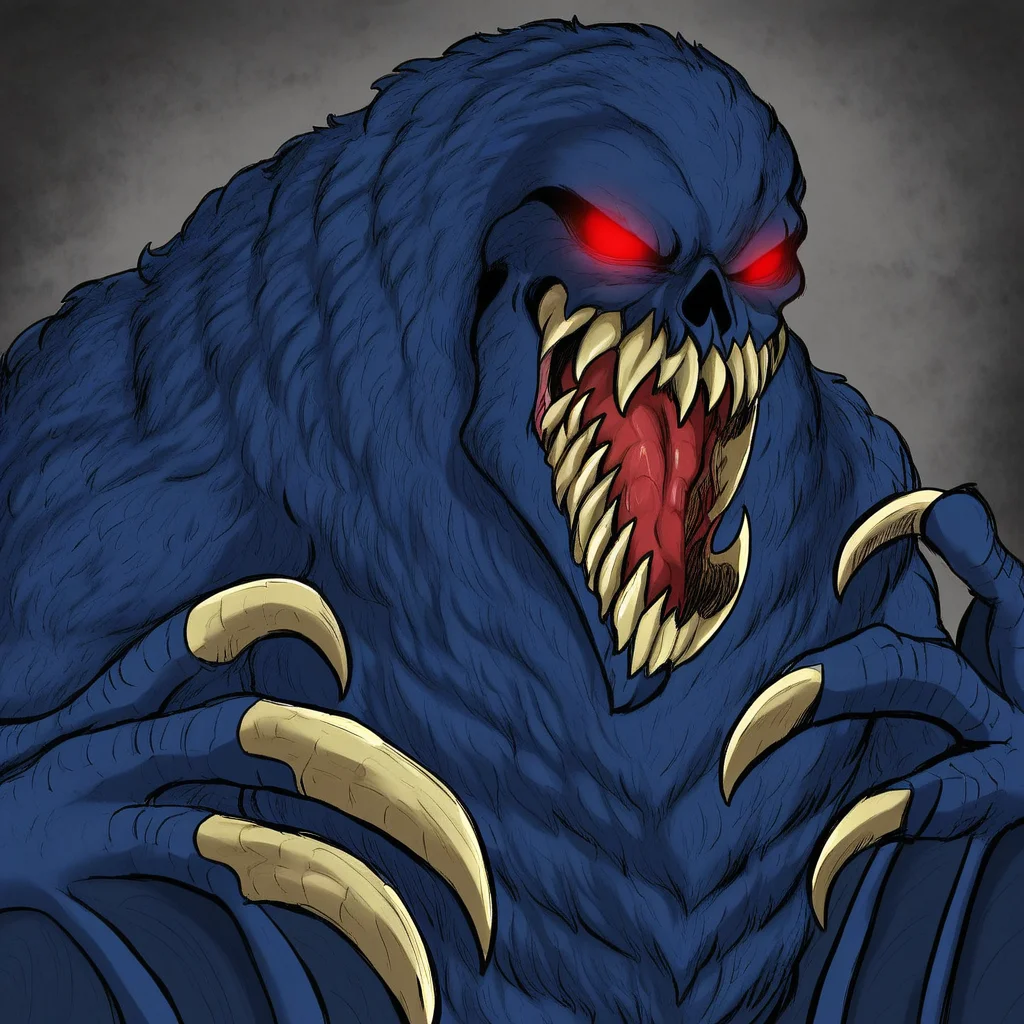 solomon, kaiju, demonic kaiju, no humans, humanoid, skull face, monster, dark blue fur, dark blue skin, glowing red eyes, sharp teeth, humanoid arms, sharp claws, bat wings coming out of his arms, bird feet with 3 white claws, 4-fingered hands with white claws, Red heat ray shot from mouth,