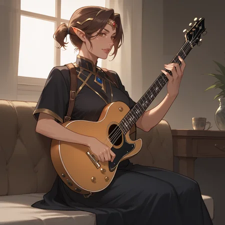 score_9, score_8_up, score_7_up, rating_safe,
brown hair, short ponytail, circlet, playing guitar,
elf, mature woman, looking at viewer,
<lora:HEPRINCESS:0.8>