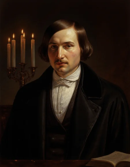 <lora:GOGOL:1>, A highly detailed portrait of Nikolai Gogol â a famous Russian writer of the 19th century. He looks serious and contemplative, with deep-set eyes, a long nose, and a small mustache. He is wearing a dark overcoat and a white cravat, sitting in a dimly lit study filled with old books and candles. Realistic facial features, dramatic chiaroscuro lighting, atmospheric shadows, and rich textures on his clothes and background. The style should be hyperrealistic with a touch of mystery and romantic melancholy.