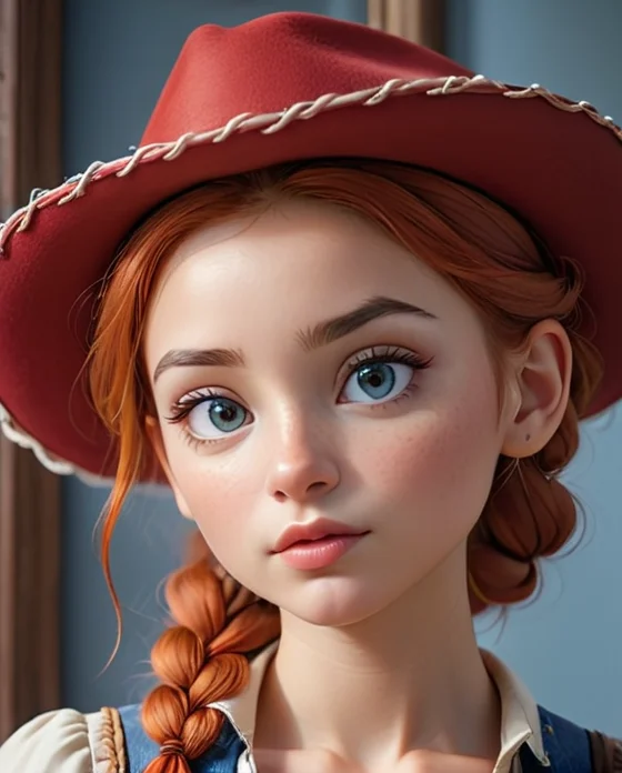 score_9, score_8, score_7, score_6, <lora:Jessie_the_Yodeling_Cowgirl_-_Toy_Story_PonyXL:1> Jes_sie, 1girl, red hair, hat, cowgirl, cleavage, hair in single braid, Create a portrait of upper body of a beautiful woman with a serene expression. She has large, almond-shaped eyes that are a deep, mesmerizing blue, framed by long, perfect eyelashes. Perfect eyes, highly detailed beautiful expressive eyes, detailed eyes. Her eyebrows are perfectly arched and delicate, adding grace to her gaze. Her skin is flawless, with a soft, natural glow, Her lips are full and slightly parted, revealing a hint of a gentle smile, with a natural rosy hue. Her nose is small and perfectly proportioned to her face. The overall mood is one of calm and introspective beauty. The art style should be hyper-realistic, capturing every minute detail, with a soft, diffused lighting that highlights the texture of her skin and the depth of her expression, reminiscent of classical portrait paintings but with a modern, cyberpunk twist. Photorealistic, Natural atmospheric lighting, intricate details, 35mm photograph, film, professional, 4k visuals, highly detailed, elegant, studio quality.