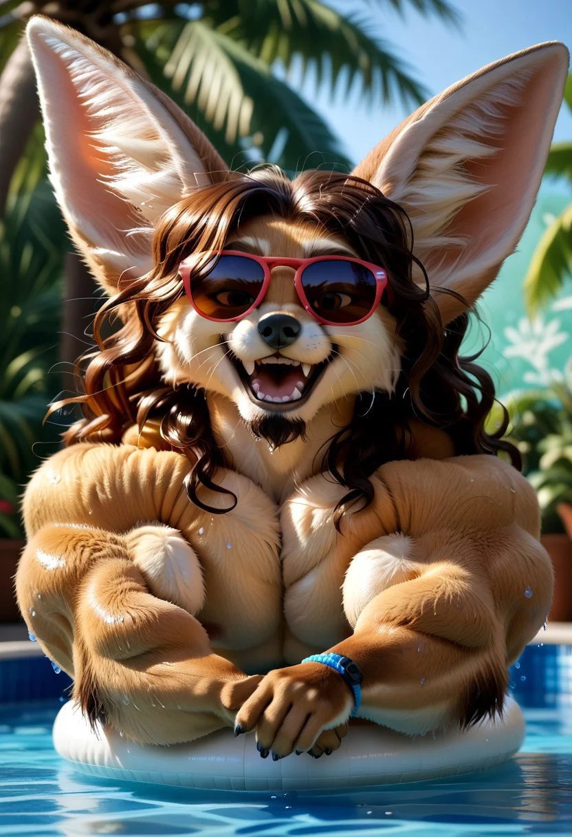 score_9, score_8_up, score_7_up, score_6_up, score_5_up, score_4_up, photorealistic, realistic, furry, solo, 1boi
BREAK
((Fennec Fox, anthro fennec fox, Animal Ears, large ears, wet hair, brown hair, fabio hair, long hair, wavy hair, hair covering one eye, Whiskers, smiling, swimming pool background, tropical background, wet fur, wet, hair, sunglasses, smiling, fox tail, tan fur, fundoshi, open mouth, sideburns, goatee, brown goatee, messy goatee))
BREAK
huge body, gigantic body, huge traps, gigantic traps
<lora:add-detail-xl:1.5>