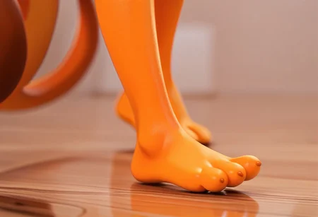 score_9, score_8_up, score_7_up, score_6_up, score_5_up, score_4_up, 1girl, furry female, kiff chatterley, orange squirrel, barefoot, orange feet, 3 toes, foot focus, close-up