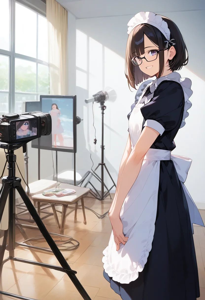 score_9, score_8_up, score_7_up, rating_safe, masterpiece, best quality, absurdres, unity 8k wallpaper, official art, official style, source_anime, uncensored, game cg, megami magazine,
1girl, solo, glasses, black hair, medium hair, maid dress, black dress, maid apron, maid headdress, standing, smile, happy, looking at viewer,
photostudio, shooting light, indoors, camera, chair, cyclorama, white cyclorama
<lora:photostudio_pony_V2:1>