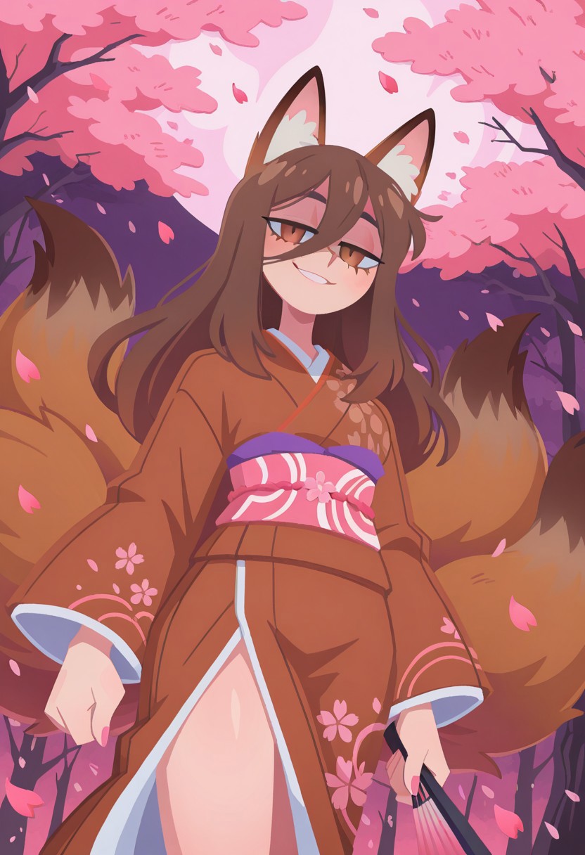 uncensored, highest quality, masterpiece, intricate details, highly detailed, drapped kimono, embroided kimono, japanese fan, dutch angle, cowboy shot, dynamic shot, dynamic pose, 1 boy, solo, brown fox ears, long hair, long bangs, brown hair, fox tail, nine tails, masculine eyes, masculine face:0.8, average physique, tall, yandere, smirk, chiaroscuro, very awa, t4kar4i_illu, no_outlines,no lineart, vanripper:0.2, cherry blossom, petals, pink atmosphere