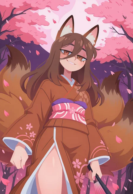uncensored, highest quality, masterpiece, intricate details, highly detailed, drapped kimono, embroided kimono, japanese fan, dutch angle, cowboy shot, dynamic shot, dynamic pose, 1 boy, solo, brown fox ears, long hair, long bangs, brown hair, fox tail, nine tails, masculine eyes, masculine face:0.8, average physique, tall, yandere, smirk, chiaroscuro, very awa, t4kar4i_illu, no_outlines,no lineart, vanripper:0.2, cherry blossom, petals, pink atmosphere