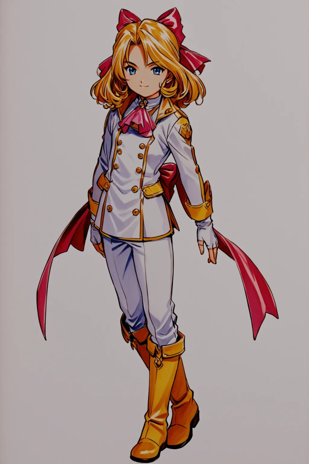 Iris Chateaubriand,1girl,female child,solo,white background,bow,blonde hair,smile,gloves,full body,simple background,fingerless gloves,white pants,boots,big hair bow,pants,looking at viewer,yellow footwear,long sleeves,blue eyes,standing,pink bow,jacket,closed mouth,white gloves,sash,buttons,bowtie,bangs,shirt,wavy hair,ascot,parted bangs,short hair,ribbon,hair intakes,traditional media,<lora:Sakura Wars_XL:0.8>,