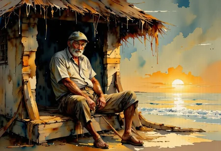 score_9, score_8_up, score_7_up, 8k high quality digital painting, masterpiece, very detailed, ultra realistic, (best quality) very detailed epic masterpiece, we see an old sailor sitting in front of his hut by the sea with a pipe in his mouth and tying a fishing net, he looks dreamily out at the sea, which shines colorfully in the sunset, romantic, sensual atmosphere, melancholic, watercolor, water colors, the edges blend into the white of the paper, realistic, realism, full body