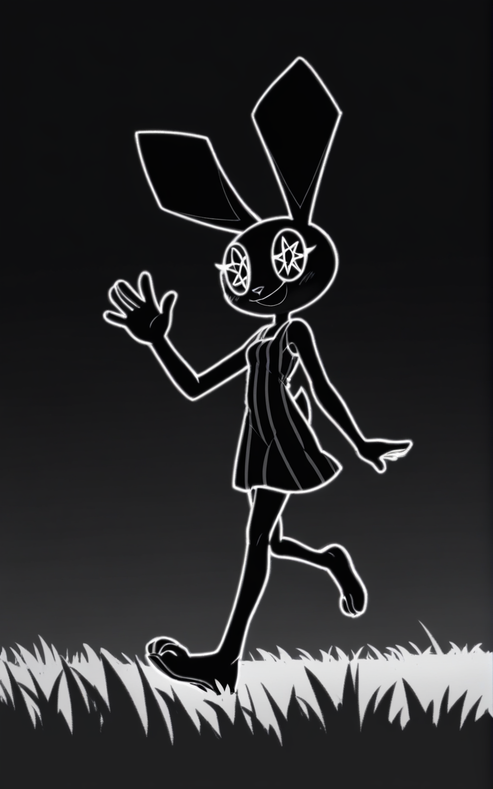 best quality, absurdres,full body, <lora:BolivanteStyleITS:0.8>,   <lora:VRITS:0.8>, VRITS, dress, black dress, sleeveless, striped dress, short dress, furry, animal ears, furry female, black skin, polygon,octagram eyes, black eyes, symbol-shaped eyes, complex eyes, black sclera, black pupils, slim, smile,walking,grass field,black sky,night,animal nose,moon,waving, monochrome, greyscale