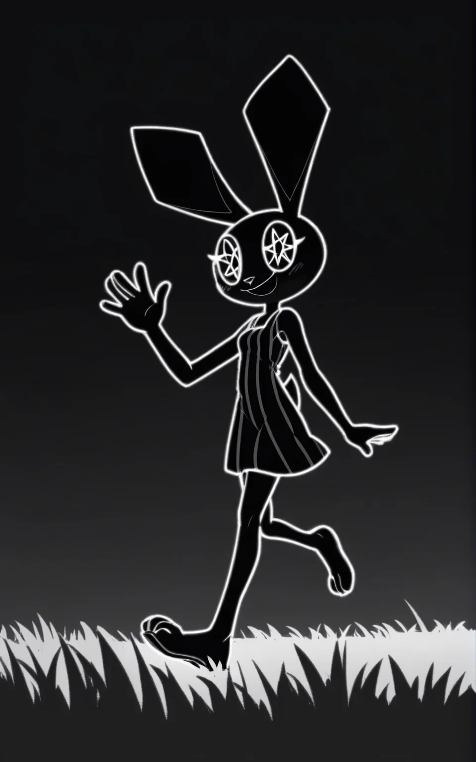 best quality, absurdres,full body, <lora:BolivanteStyleITS:0.8>, <lora:VRITS:0.8>, VRITS, dress, black dress, sleeveless, striped dress, short dress, furry, animal ears, furry female, black skin, polygon,octagram eyes, black eyes, symbol-shaped eyes, complex eyes, black sclera, black pupils, slim, smile,walking,grass field,black sky,night,animal nose,moon,waving, monochrome, greyscale