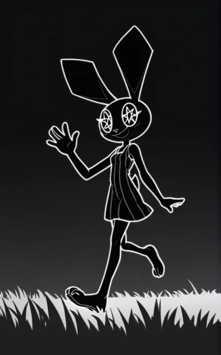 best quality, absurdres,full body, <lora:BolivanteStyleITS:0.8>,   <lora:VRITS:0.8>, VRITS, dress, black dress, sleeveless, striped dress, short dress, furry, animal ears, furry female, black skin, polygon,octagram eyes, black eyes, symbol-shaped eyes, complex eyes, black sclera, black pupils, slim, smile,walking,grass field,black sky,night,animal nose,moon,waving, monochrome, greyscale