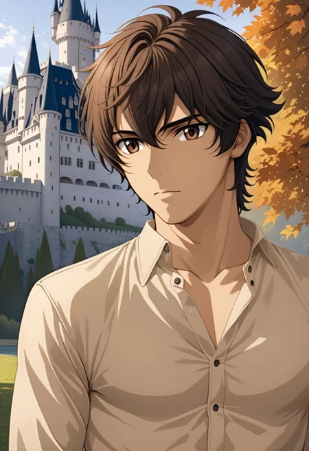 ASCIIsoran_ibrahim, 1man, male focus, solo, warm beige skin, brown hair, open white shirt,
detailed glossy reflective eyes, expressive eyes, big brown eyes,
in front of a European castle in the morning,
masterpiece, best quality, ultra high res, intricate detail, clamshell warm lighting,