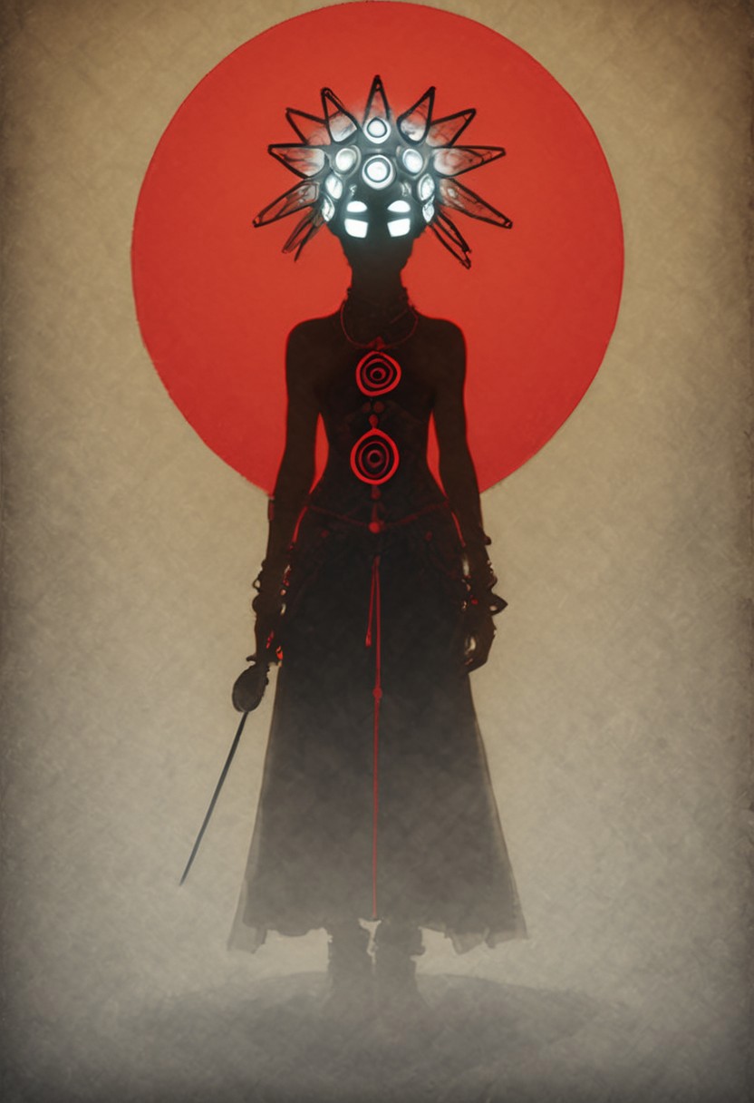 Anime Sketch By hergé, Shrouded black Silhouette of a mysterious sexy vodoo woman wearing a black translucent automaton helmet, intricate translucent technical helmet details, Red circle Background, atmospheric lighting, novuschroma60 style bokeh, The photo features faded colors, with a limited palette of gray, beige, and washed-out red, capturing her cool, striking appearance.. cinematic composition, soft shadows, national geographic style,