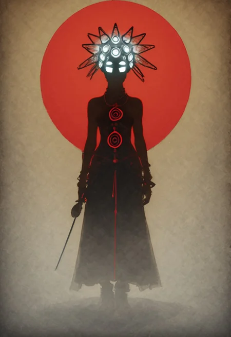 Anime Sketch By hergé, Shrouded black Silhouette of a mysterious sexy vodoo woman wearing a black translucent automaton helmet, intricate translucent technical helmet details, Red circle Background, atmospheric lighting, novuschroma60 style bokeh, The photo features faded colors, with a limited palette of gray, beige, and washed-out red, capturing her cool, striking appearance.. cinematic composition, soft shadows, national geographic style,