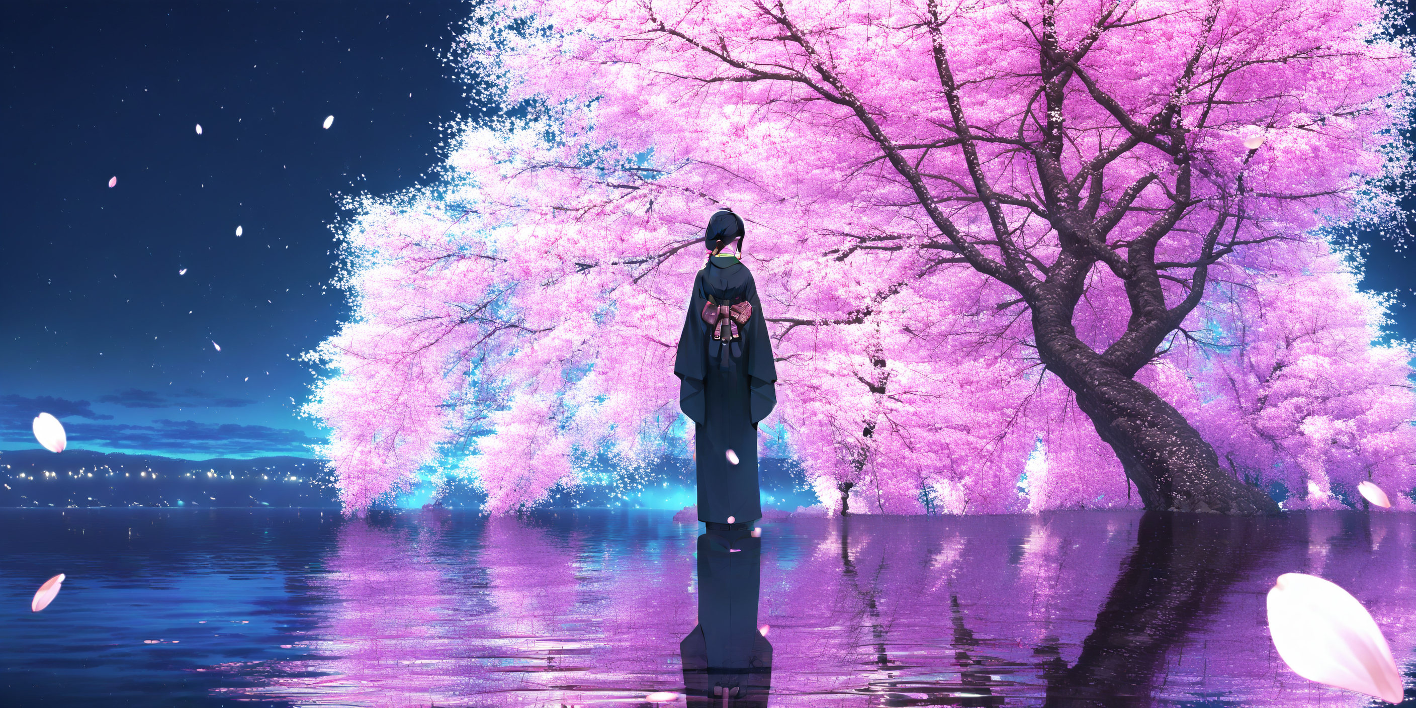 1girl, kimono, japanese clothes, reflection, solo, cherry blossoms, petals, black hair, tree, standing, obi, from behind, night, water, sash, black kimono, sky, outdoors, flower <lora:lifelineXL_NB11_lokr_V6311P:0.95>