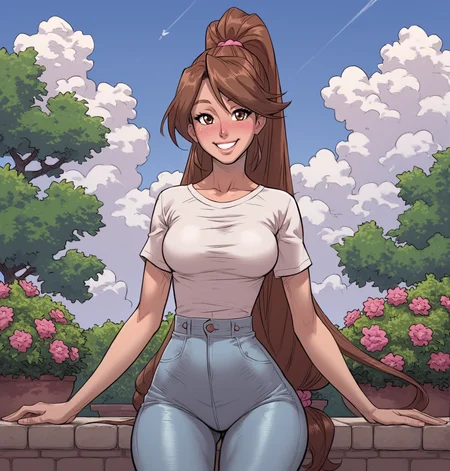 score_9,score_8_up,score_7_up,source_cartoon,woman,beautiful face,medium breasts,wide hips,small waist,thick thighs,big ass,pale skin,very pale skin,<lora:Expressive_H:0.4>,<lora:incase-ilff-v3-4:0.3>,<lora:melkor_v1:0.5>,<lora:officialpit_v2-8:0.34>,Seryuu,brown hair,very long hair,brown eyes,high ponytail,<lora:AkamegaKill:0.6>,happy smile,blushing,garden setting,young adult,teenager, tight clothes