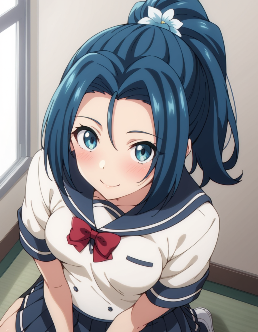 score_9, score_8_up, score_7_up, source_anime, uncensored, <lora:StS_detail_slider_v1:3>, zPDXLxxx, <lora:Hina_Hanetachi_PONYXL_VexVexX:1>, HinaHanetachi, 1girl, blue eyes, blue hair, ponytail, hair ornament, hair flower, medium-small breasts, school uniform, serafuku, pleated skirt, red bow, cowboy shot, indoors, from above, Kneeling on both knees with legs together, torso upright with arms crossed over chest, thighs, looking at viewer, smile,