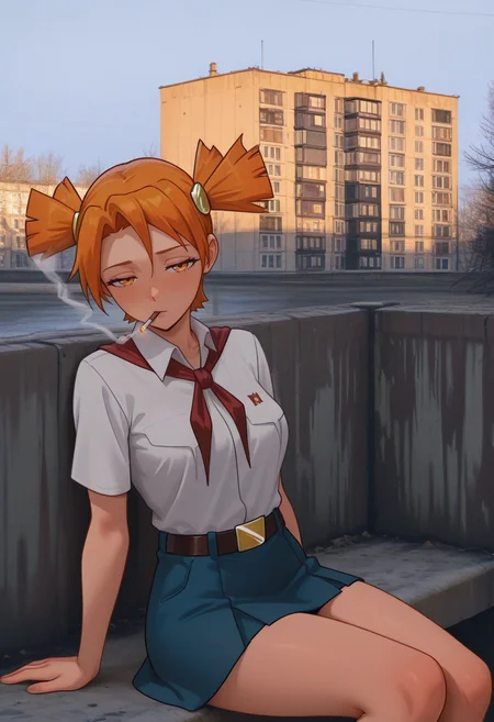 highres, greatscore, absurdres, masterpiece,  <lora:dvach:1> aldvch, 1girl, solo, orange hair, short twintails, short hair, twintails, hair ornament, orange eyes, white shirt, red neckerchief, blue short skirt,  looking at viewer,  sitting, <lora:ebenya:1> ebenya, outdoors, building, photo background,   <lora:illustriousXLv01_stabilizer_v1.152_1710796:1> half closed eyes, smoking, russian , <lora:noobai_vpred_1_masterpieces_v23:1> masterpiece, best quality, very aesthetic <lora:lowfi:1> lowfi, wide shot,