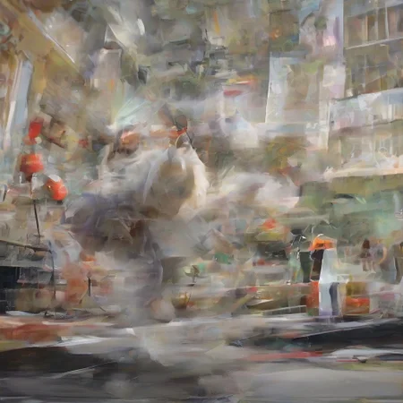 blur speed, active scene, At a street milk market, a gray cat (running pose) holds a bottle saying BUZZ in his upper paws, runs quickly and laugs, cat inside a huge bubble