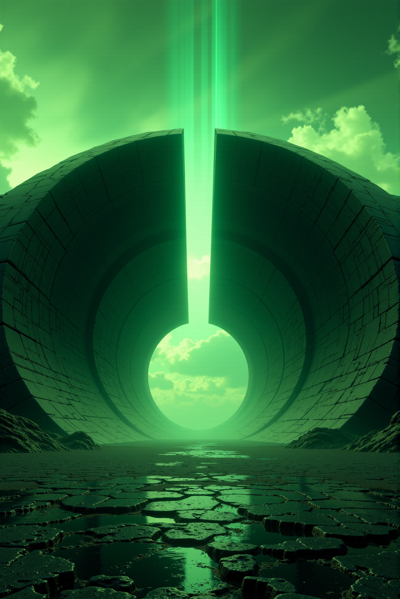 <lora:Legacy_of_the_forerunners_r1:0.7>
Two titanic, concave monoliths curve toward one another like the walls of a cosmic aperture, stretching into the storm-heavy green sky, the space between them shaped like a void meant to be completed by something now long gone. The stoneâs texture is semi-organic, appearing wind-eroded yet unnaturally precise in its curvature. The ground is a dark, cracked plain of iron-rich regolith, subtly reflecting the emerald sky above. Light spills through the upper arcs of the monoliths, casting soft gradients across the massive concave surfaces. Art style: atmospheric monolithism with unreal windlight shaders and green-black complementary toning. Camera: centered wide shot from ground level for maximum scale emphasis and symmetry.