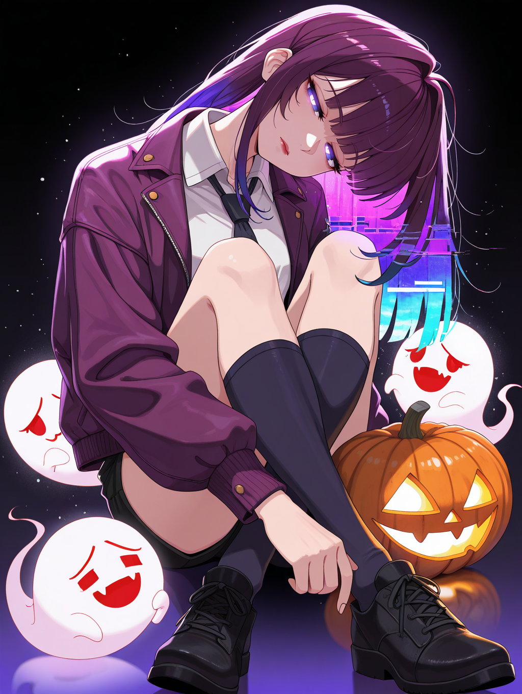 <lora:UScartoon:1>,solo,full body,halloween theme,pumpkin,boo,glitch art,glitch hair,iridescent hair,black background,eye trail,glowing eyes,glowing streaks,light trail,double exposure,kneehighs,collared shirt,purple jacket,shirt,long bangs,crossed legs,jacket,eyelashes,long sleeves,blue eyes,socks,purple hair,necktie,sitting,shoes,open clothes,knees up,head tilt,black shorts,multicolored hair,gradient background,half-closed eyes,white shirt,open jacket,black footwear,simple background,closed mouth,purple theme,red lips,shorts,light particles,looking at viewer,, masterpiece,best quality,amazing quality,