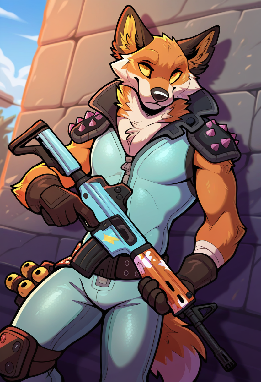 dutch angle, outside, anthro, fennix, fortnite, male focus, furry, 1boy, solo, gloves, tail, masterpiece, holding assault rifle, best quality, amazing quality, hi res, high quality, looking at viewer, <lora:Fennix_Fortnite_Illustrious:1>