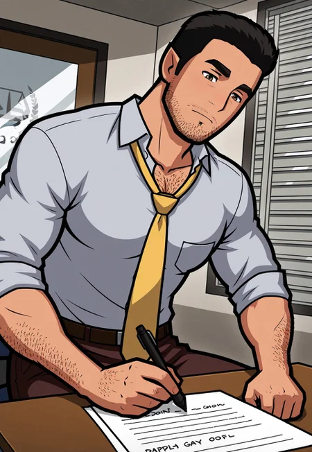 masterpiece, best quality, absurdres, captivating scene, official art,

1boy, gay, yaoi, male, male only, man, male focus, solo,

(humplex_attorney, mature male, black hair, stubble, forearm hair, chest hair, light grey button up, yellow necktie, brown pants)

indoors, (office), dynamic angle, dim lighting, dynamic pose,

(neutral expression, sitting at desk, holding pen, writing on paper, looking at paper),