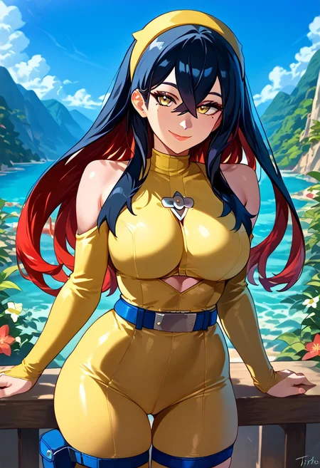 score_9, score_8_up, score_7_up, masterpiece, high quality, uncensored, makeup, nose, lips, solo, pokemoncarmine, black hair, colored inner hair, crossed bangs, hair between eyes, hairband, long hair, mole, mole under eye, multicolored hair, red hair, sidelocks, two-tone hair, yellow eyes, yellow hairband, long hair, bodysuit, bare shoulders, long sleeves, cleavage, center opening, clothing cutout, thigh strap, bridal gauntlets, belt, round breasts, looking at viewer, toned ass, (blue, yellow and black color scheme), (tiny waist, hourglass figure, big breasts: 1.1), standing, high depth of field, chilled, relaxed, sky, ((epic view, smile)), (((view from back))